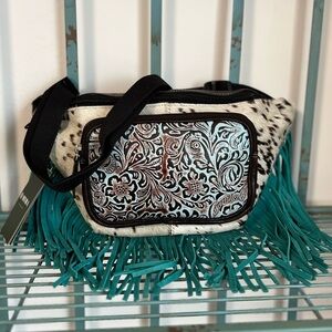New Myra Bag Turquoise emboss Fanny Waist Sling Pack Fringe Cowhide Genuine